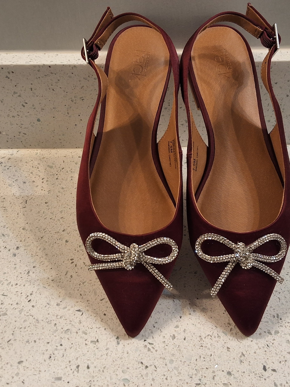 Pointed Burgundy Slingback Flats with Crystal Bow Accent